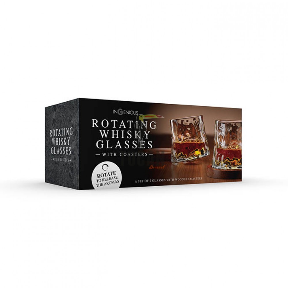 Rotating Whisky Glasses with Coaster – Περιστρεφόμενα ποτήρια ουίσκι με ξύλινα σουβέρ (2 τμχ) 94273